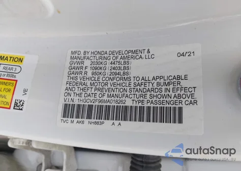 2021 Honda Accord Touring z USA, uszkodzony, nr VIN 1HGCV2F96MA018262